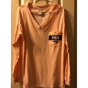 PINK Long Sleeve V-Neck Campus Tee